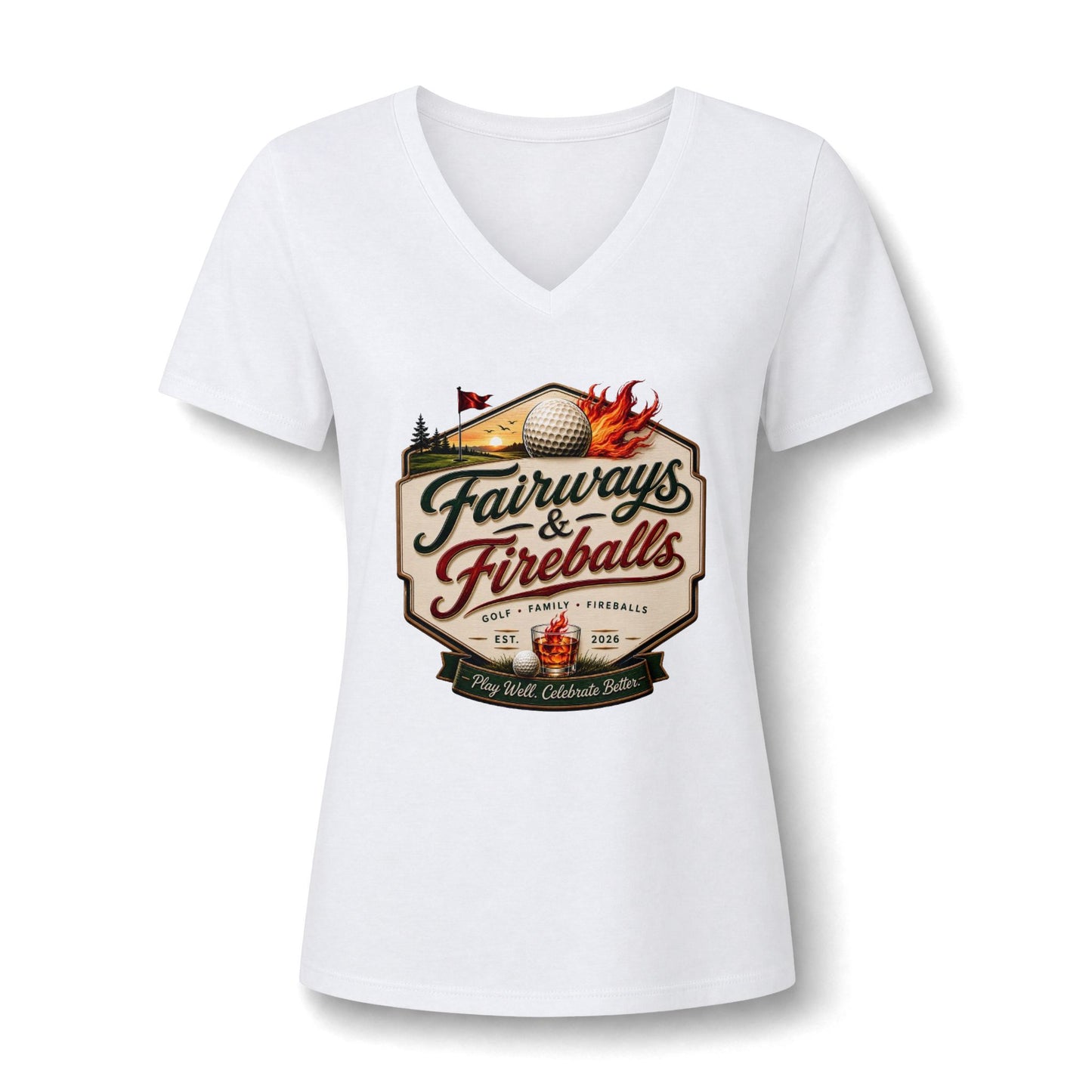 Golf Shirt for Women, Fairways & Fireballs Vintage Crest V-Neck Tee, Funny Golf Gift, Golfer T-Shirt, Cute Golf Apparel, Golf Lover Gift