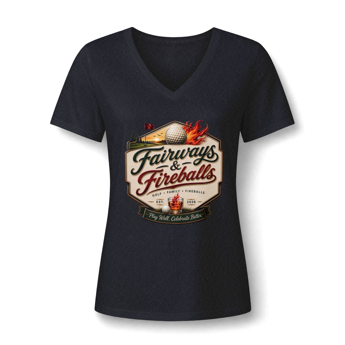 Golf Shirt for Women, Fairways & Fireballs Vintage Crest V-Neck Tee, Funny Golf Gift, Golfer T-Shirt, Cute Golf Apparel, Golf Lover Gift