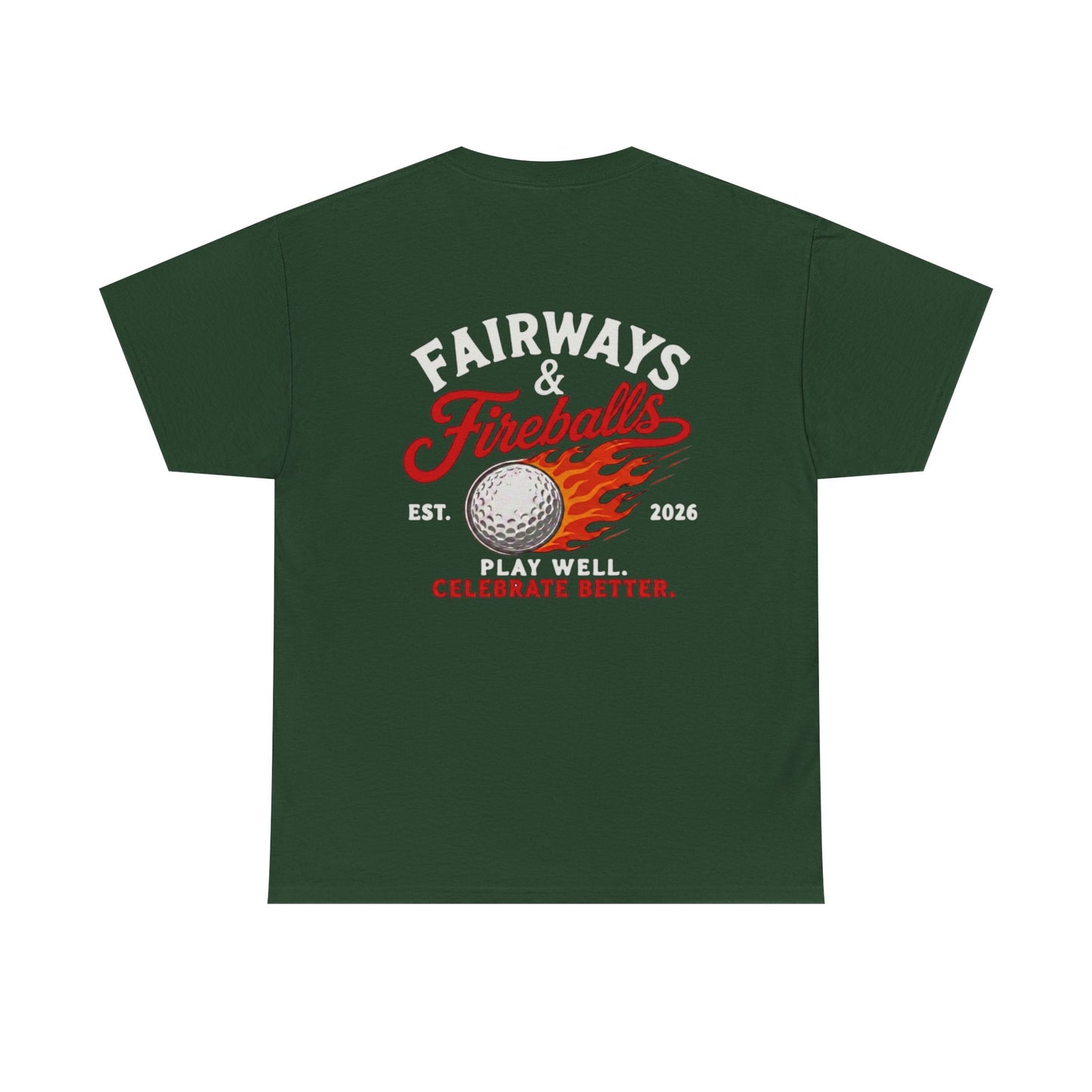 Fairways & Fireballs Golf Graphic Tee | Flaming Golf Ball Back Print