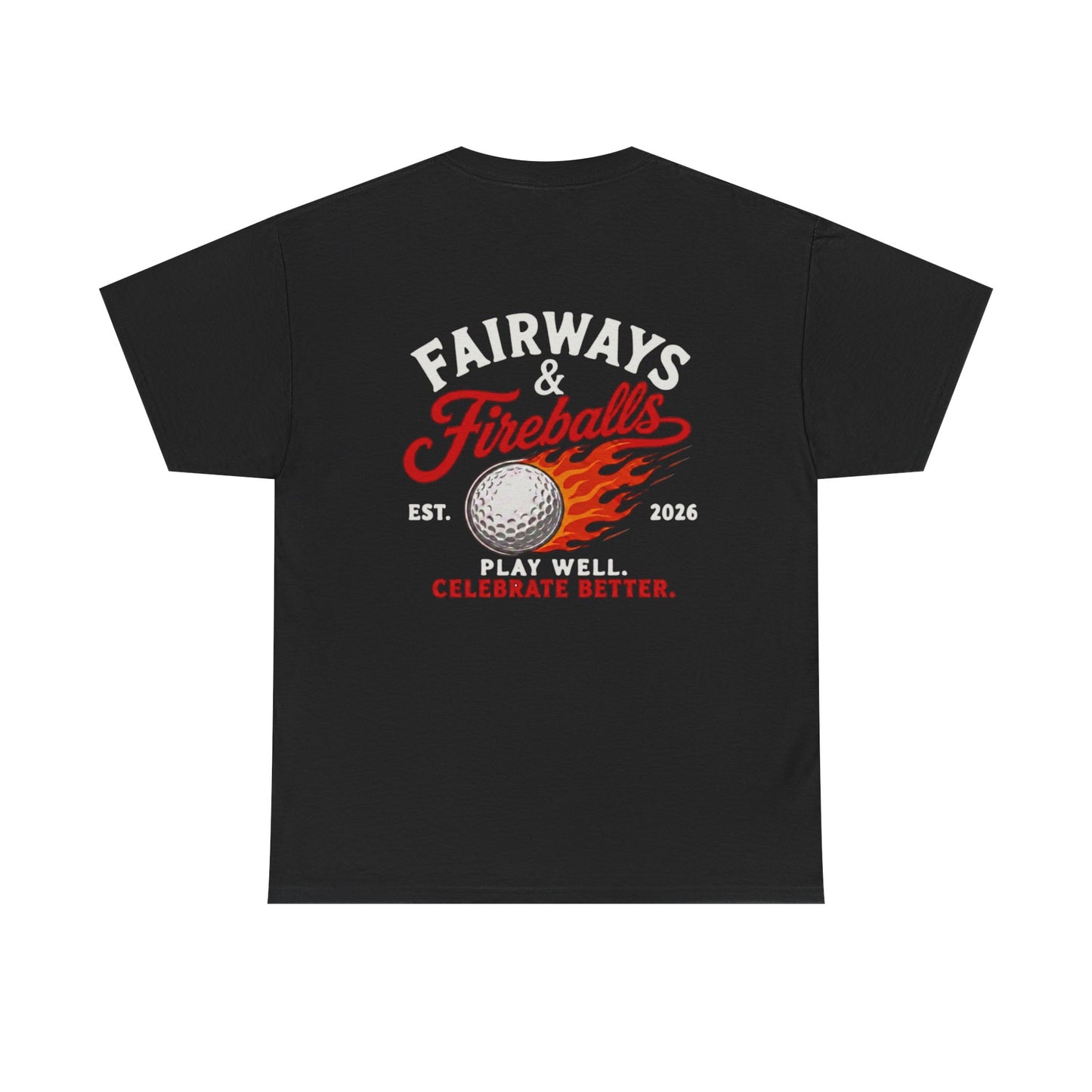 Fairways & Fireballs Golf Graphic Tee | Flaming Golf Ball Back Print