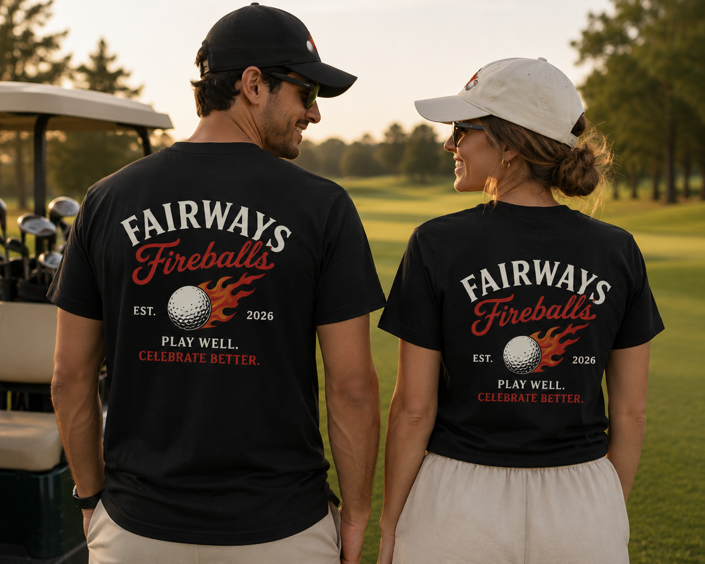Fairways & Fireballs Golf Graphic Tee | Flaming Golf Ball Back Print