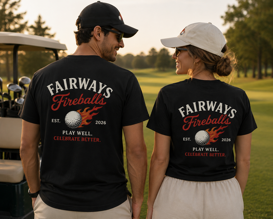 Fairways & Fireballs Golf Graphic Tee | Flaming Golf Ball Back Print