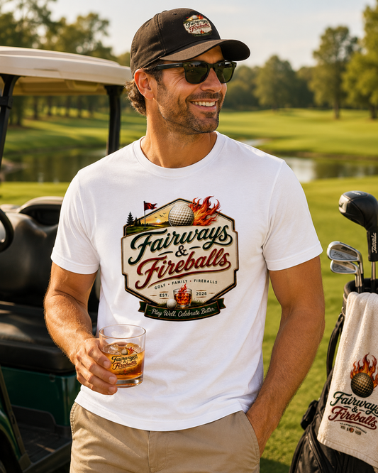 Fairways & Fireballs Unisex Golf Shirt, Vintage Crest Golf Tee, Funny Golf Gift, Golf Lover Shirt, Golf Trip Tee, Gift for Golfer, Golf Tee