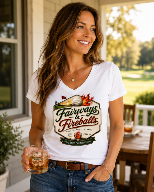 Golf Shirt for Women, Fairways & Fireballs Vintage Crest V-Neck Tee, Funny Golf Gift, Golfer T-Shirt, Cute Golf Apparel, Golf Lover Gift